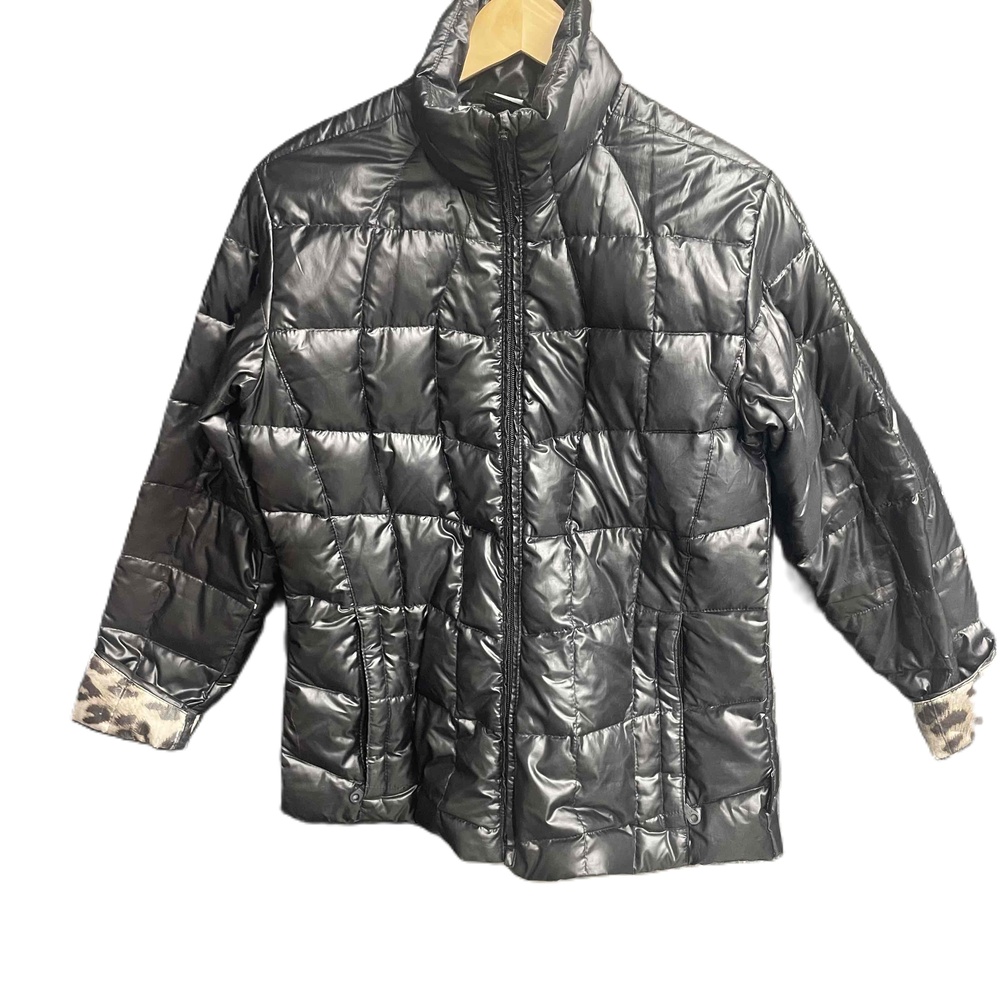 Obermeyer Black Quilted Down Puffer Jacket Leopard Accent Winter Ski Coat Medium